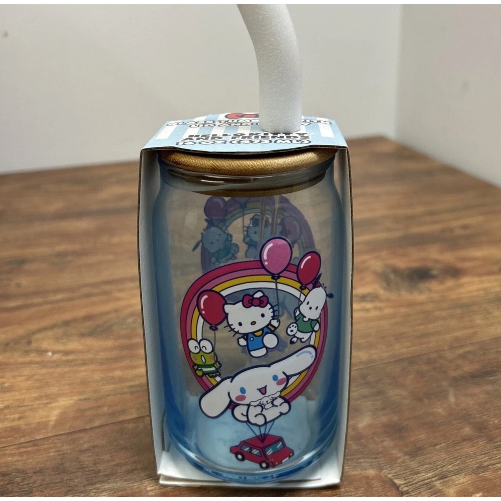 Sanrio Hello Kitty & Friends Glass Tumbler Lid‎ Straw Blue Glass Bamboo Lid 2024